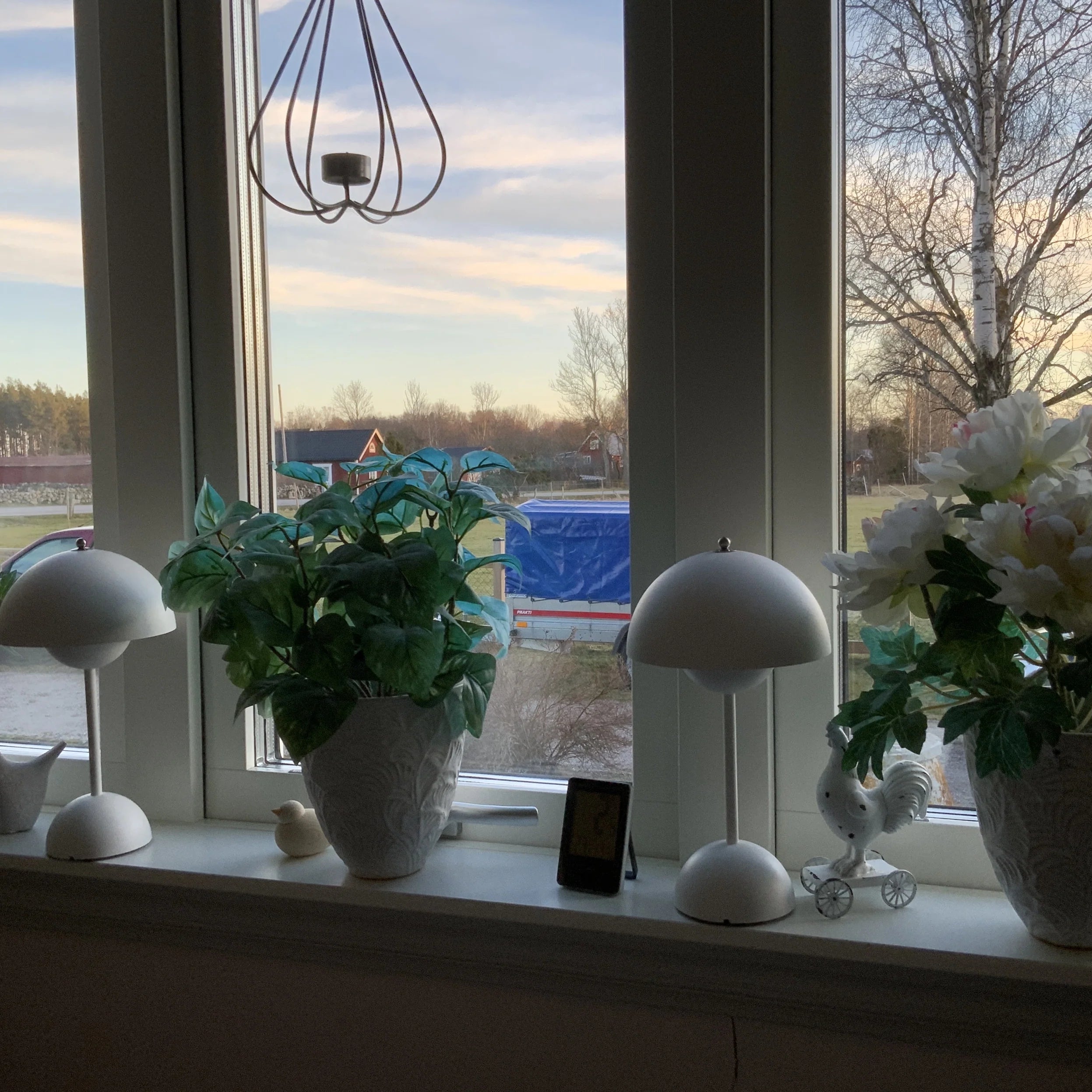 Decorative setup with potted plants, lamps, and small figurines on a windowsill.